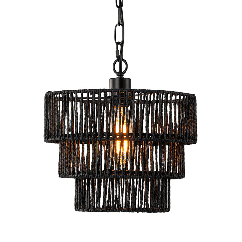 1-Light Hanging Chandelier with 3-Tier Rattan Woven Shade, Black, Black