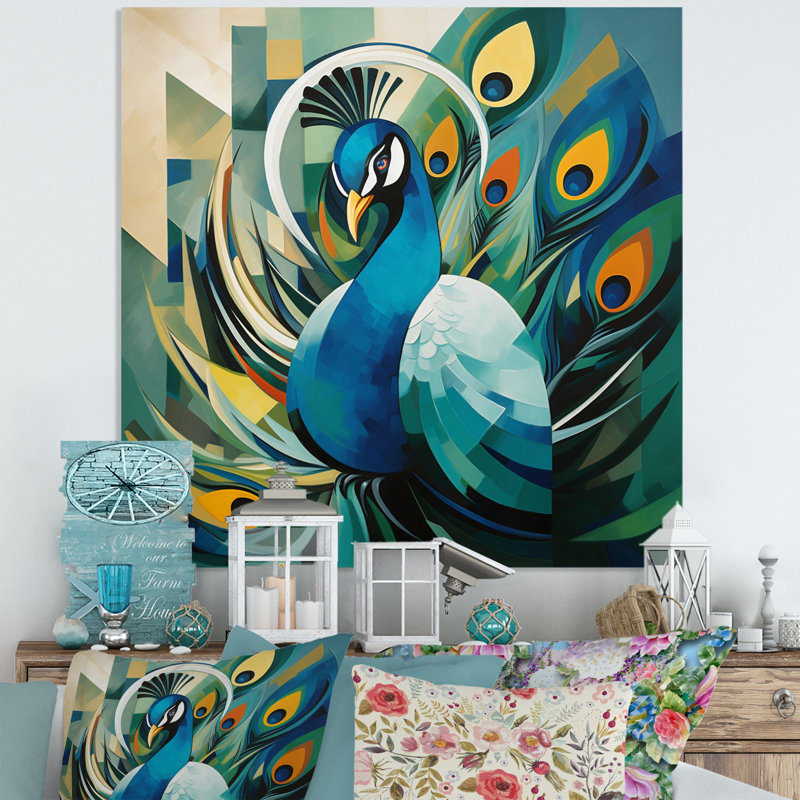 Vert vert bleu paon cubiste paon cubisme - animaux, impressions sur métal, H 36 po x l 36 po x P 1 po