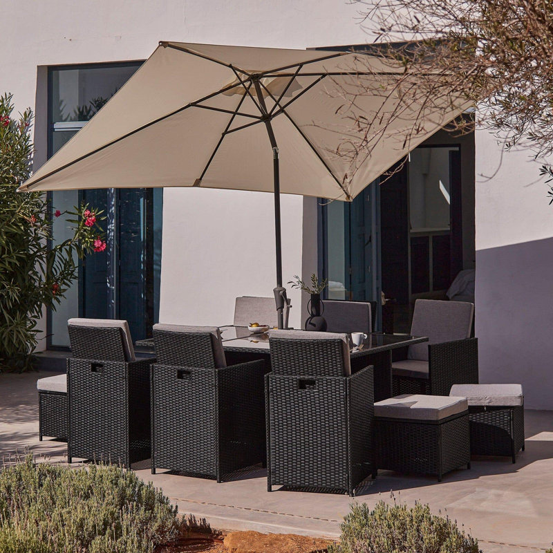 Allexia All Weather Wicker/Rattan 10 - Person with Cushions & Parasol, Cream, Black