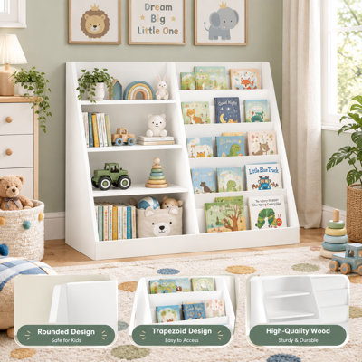 Bibliothèque pour enfants et rangement pour jouets, bibliothèque pour enfants en bois à 4 niveaux avec bac de rangement pour jouets, étagère à livres multifonctionnelle pour salle de jeux, chambre d'enfant et chambre d'enfant, blanc
