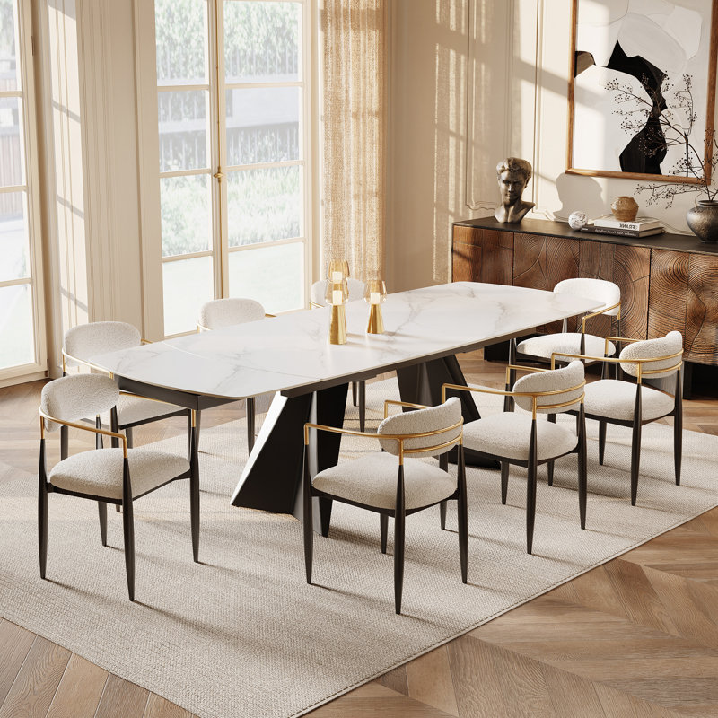 Moiser 65" to 94.5" Extendable Dining Table For 8-10 with Sintered Stone Top, Matte Marble White