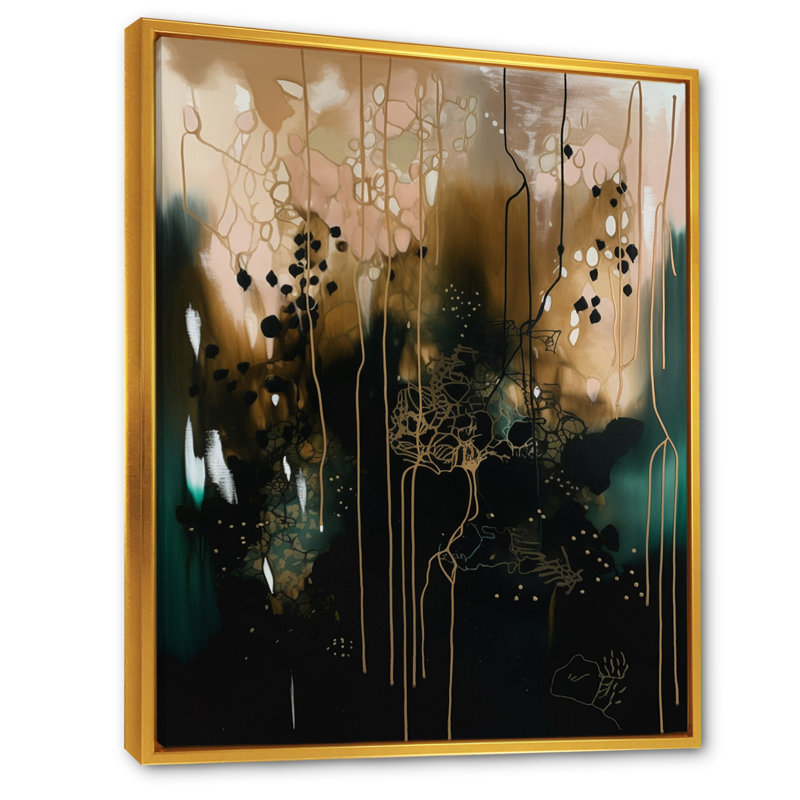 Toile abstraite, reproduction de décor moderne chaos noir - Chaos noir III, H 32 po x l 16 po, Cadre flottant doré