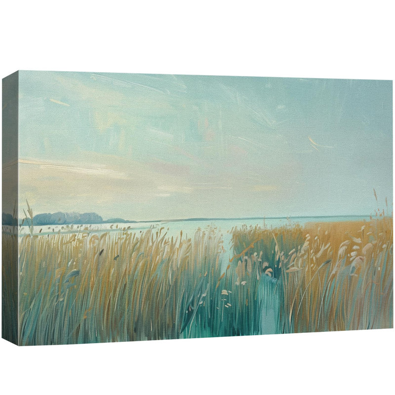 «Coastal Beach» serein pastel sarcelle lac roseaux illustrations moderne très grande impression sur toile, H 32 po x l 48 po