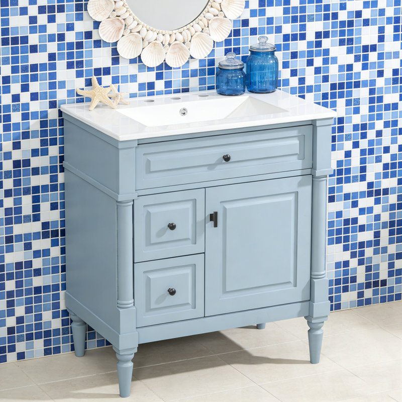 Meuble-lavabo avec lavabo, 2 tiroirs et tablette réglable, Bleu, 30"