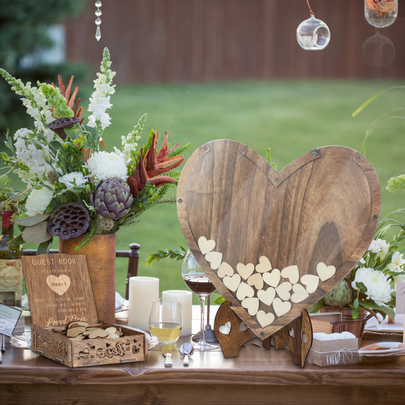 Wedding Guest Book Rustic Wooden Guest Book Decor Sign With 88pcs Hearts And Stand Storage Box For Wedding Receptions Party Supplies