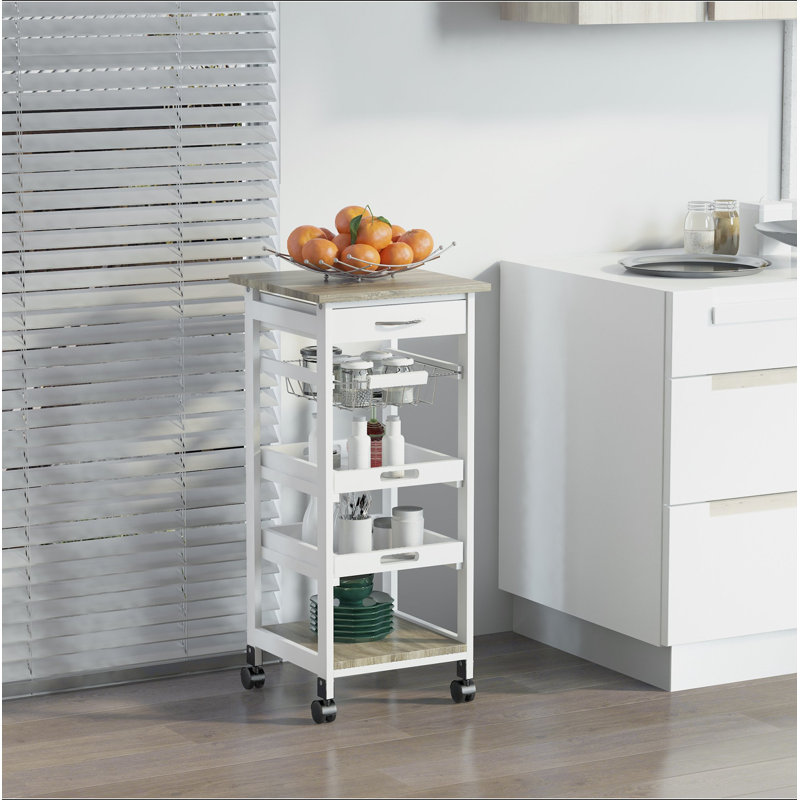 Mobile Kitchen Cart, Rolling Kitchen Island with Storage, Solid Wood Frame Utility Cart with Wire Fruit Baskets, Trays and Drawer