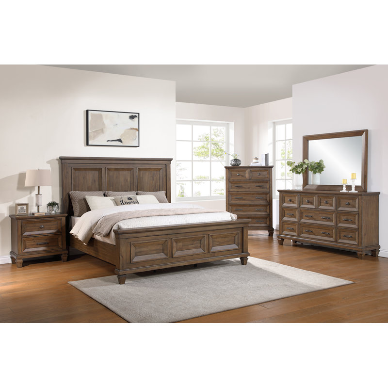 Ensemble de chambre à coucher en bois avec commode 5 pièces Gurkamal, brun moka, Grand
