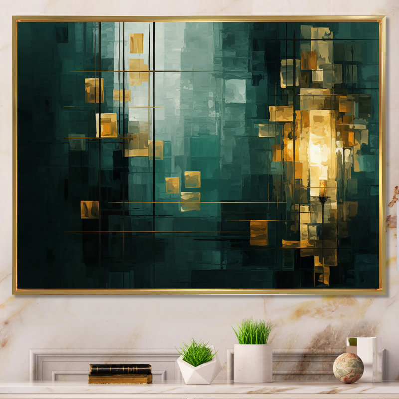 Sudden Serenity Abstract Teal And Gold I - Abstract Painting Wall Art Prints, H 34 po x l 44 po, Cadre flottant doré