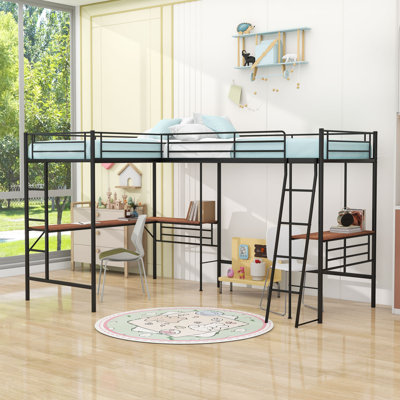 Twin And Twin Metal L-Shaped Loft Bed With Dual Desks And Full-Length Guardrails