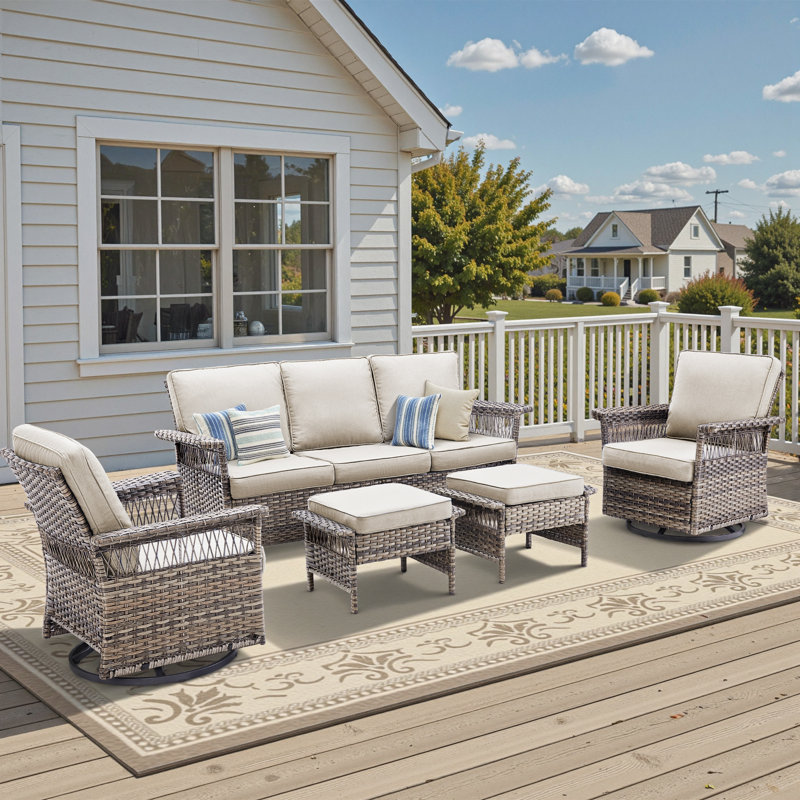 Anferney 5-Piece Outdoor Patio Sofa Conversation Set With Swivel Chairs, Beige