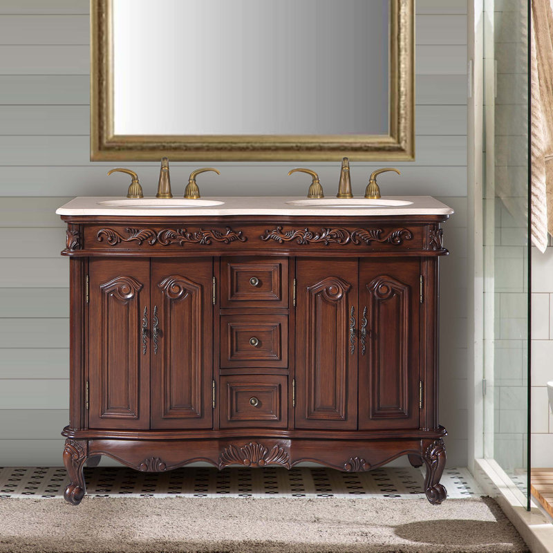 Meuble-lavabo à double cuve l 48 po x P 22 po x H 36 po Adonai, Crème Marfil, Châtaignier anglais