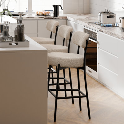Bar Stools Set of 3, Counter Height Bar Stools with Back and Metal Legs, High Top Island Chairs with Footrest, Sherpa Tall Kitchen Bar Chair Boucle
