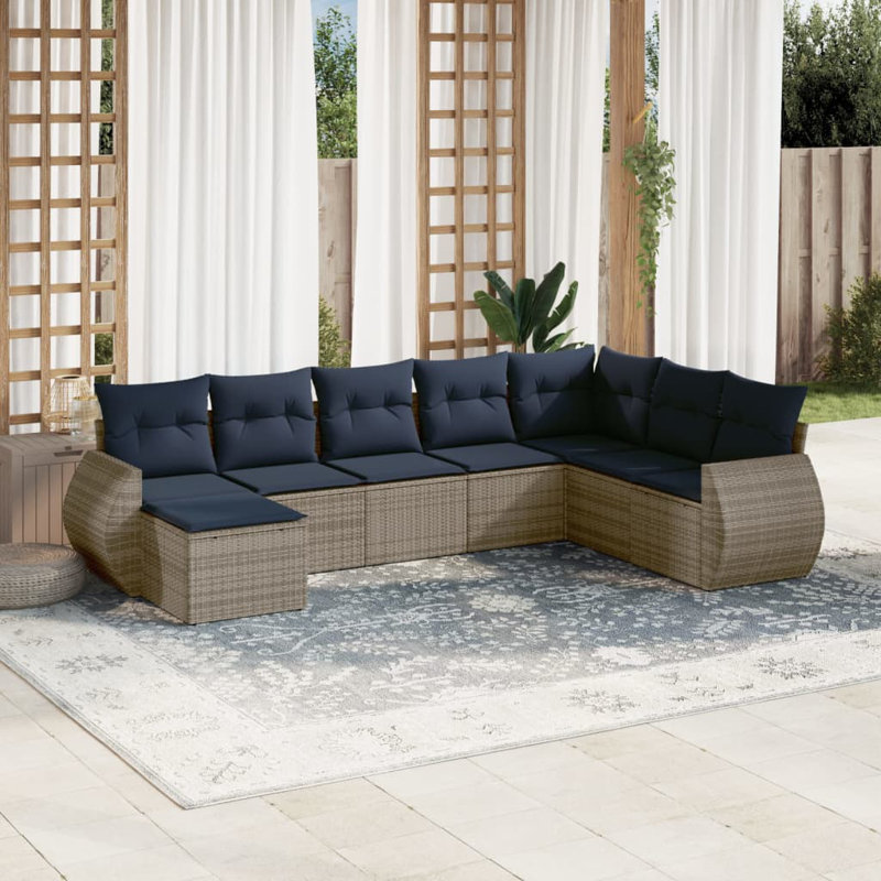 Ensemble de canapé de patio 9 pièces avec coussins en rotin de polyester gris, Coussin bleu marine / structure grise
