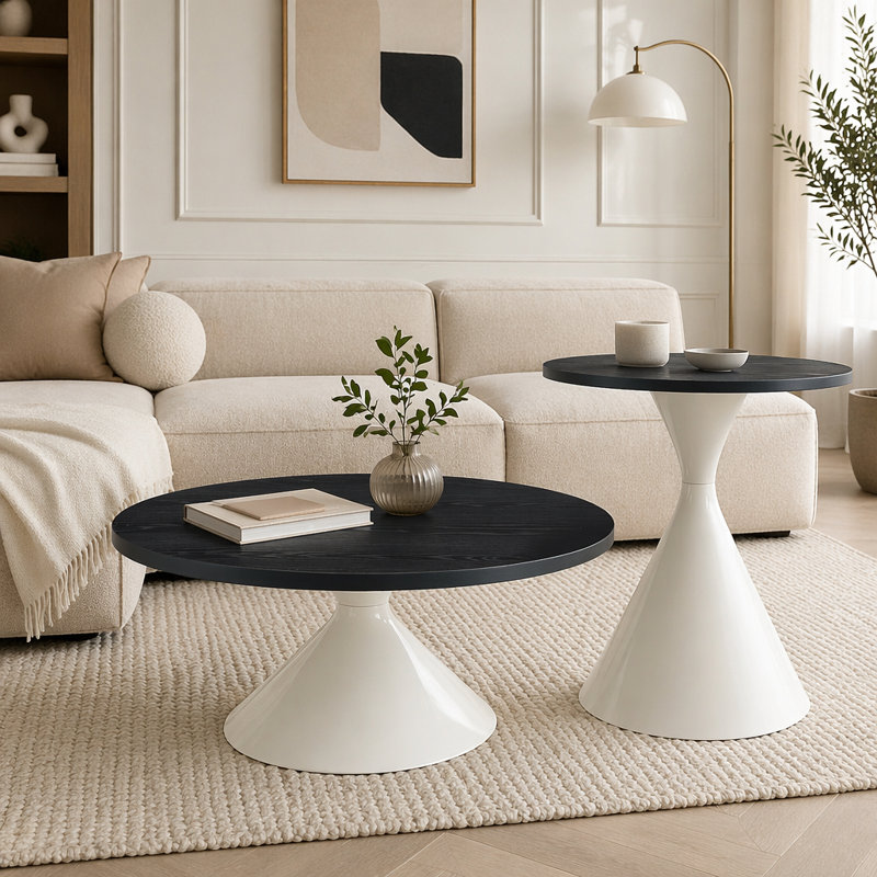 Ensemble de 2 tables basses rondes, plateau de table à motif noir avec base en acier, Noir et blanc