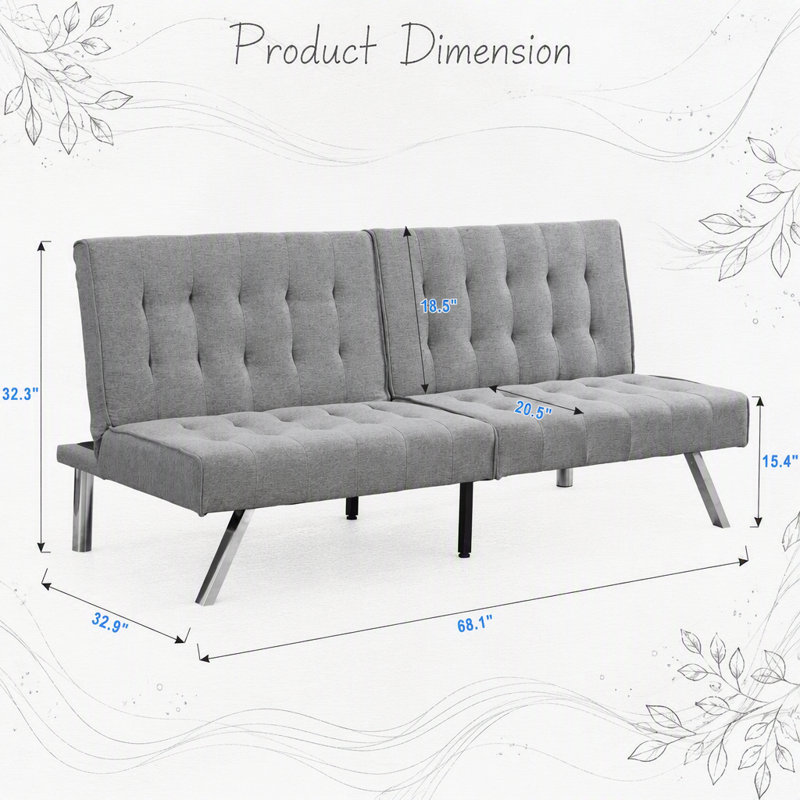 Canapé-lit futon polyvalent avec cadre en bois robuste et pieds élégants en acier inoxydable