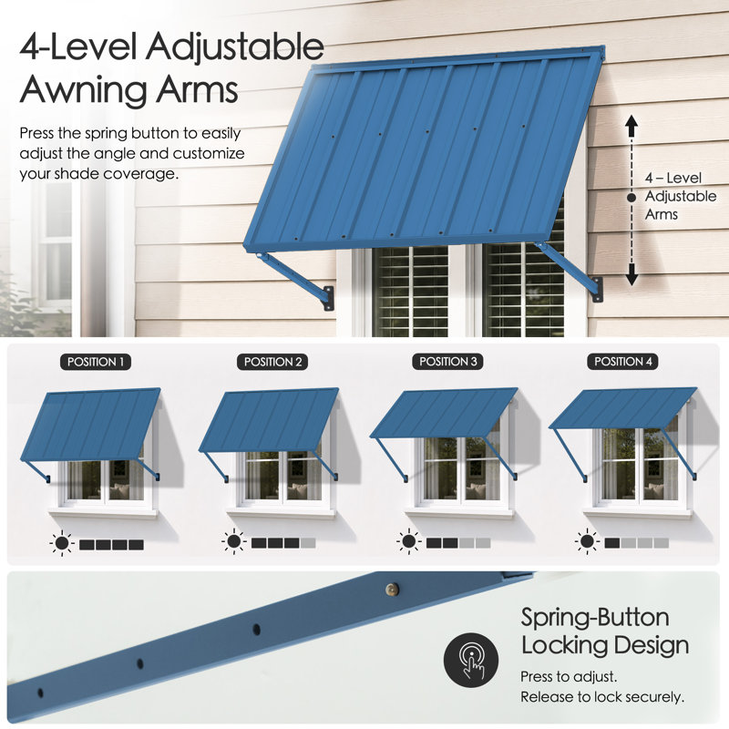 Kozyard Adjustable Door Window Awning – 4-Level Tilt, 42" W × 32" Sloped Panel, Adjustable Projection 22"–31", Aluminum Frame & Metal Canopy, All-Weather Rain, Snow & UV Protection Steel Blue