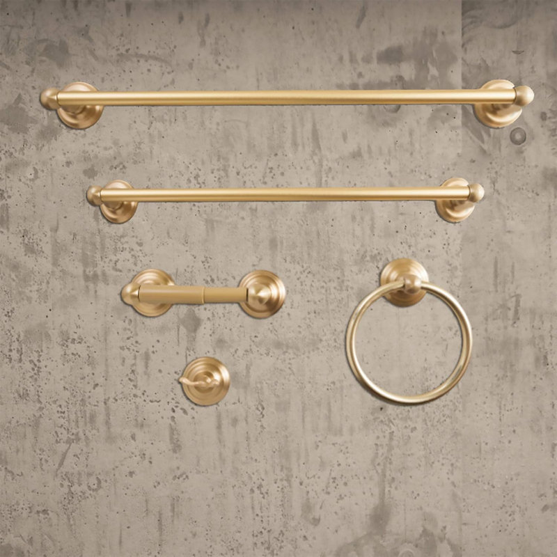 Premium Bathroom Hardware Set - 5-Piece Wall Mounted Bath Accessories Including Towel Bars, Toilet Paper Holder, Towel Ring And Robe Hook - Heavy Duty Metal Construction With Elegant Satin Brass Finish