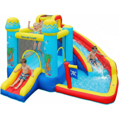 11' x 11' Treasure Island Inflatable Bounce House with Dual Water Slides, Splash Pool & 450W Air Blower for Kids Backyard Water Park