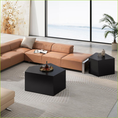 Ensemble de 2 tables basses géométriques noires peu encombrantes, panneau de fibres à densité moyenne facile à nettoyer, capacité de 110 lb pour le salon