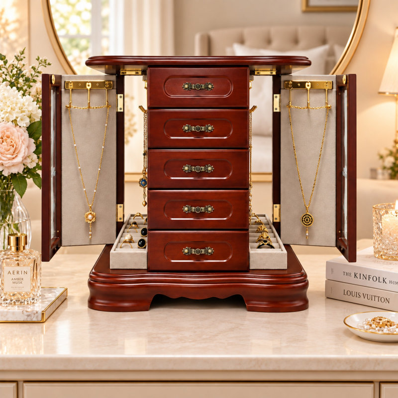 Armoire à bijoux de table traditionnelle avec 5 tiroirs et double face