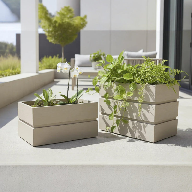 Jardinière rectangulaire en aluminium pour terrasse, couleur grise et brune, fonction de drainage, profondeur réglable, largeur de 18 po, largeur de 15 pots avec abat-jour, matériau en aluminium, longue durée, ton de bois