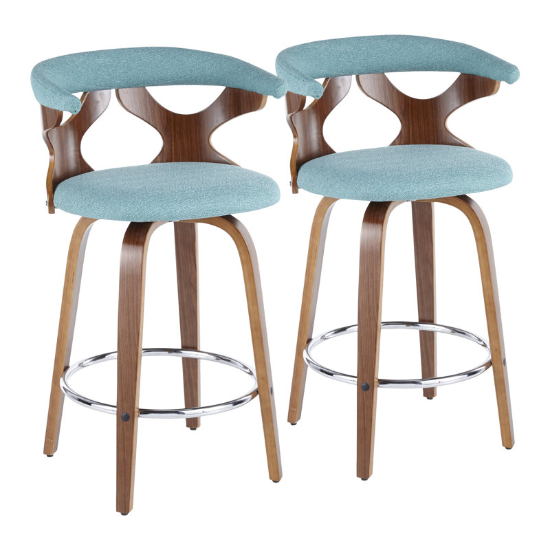Lakyia Swivel Upholstered Counter Stool, Teal Fabric/Walnut Frame