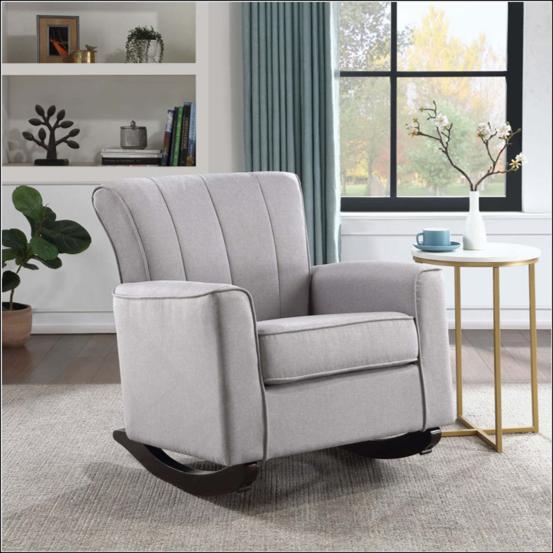 Chaise berçante en lin avec siège à ressorts ensachés, structure en bois et coussins confortables pour la détente