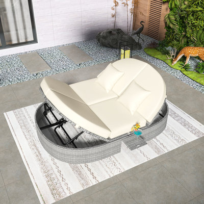 Outdoor PE Rattan Sun Bed Patio 2-Person Daybed,,Garden Reclining Chaise Lounge, With Cushions And Pillows,Adjustable Backrests,Adjustable Feet Levelers,Easy To Install