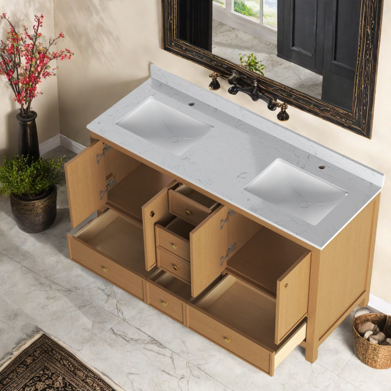 Meuble-lavabo moderne à double évier avec finition en bois, rangement spacieux pour la salle de bain