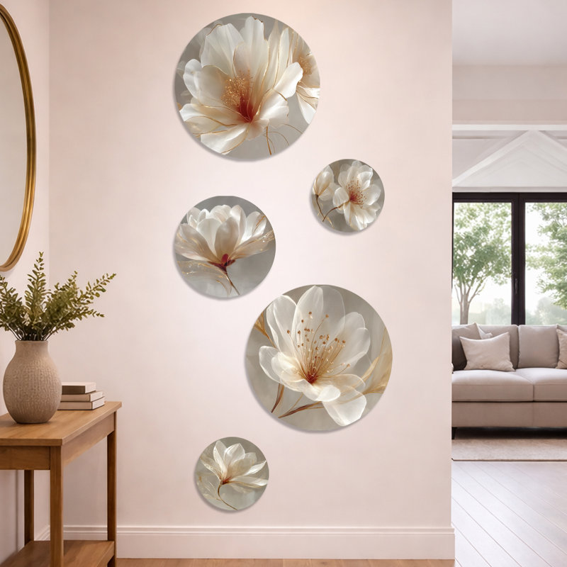 Délicat Magnolia doré - ensemble de 5 décorations murales Magnolias - ensemble de 5 décorations murales traditionnelles en métal