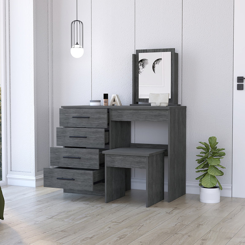 Coiffeuse 4 tiroirs avec tabouret en chêne fumé Stonington