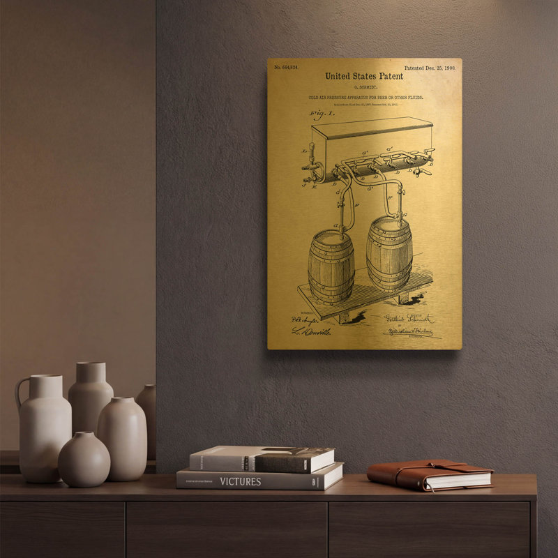 «Beer Barrel Vintage Abstract Blueprint» par Luxe, art mural en métal doré, 12 po x 16 po, 12 po x 16 po