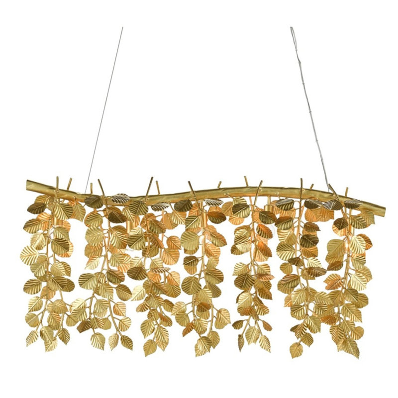 Organic Light Pendant Golden Eucalyptus Rectangular Chandelier, Burnished Nickel, 42" Width x 13" Depth x 23" Height