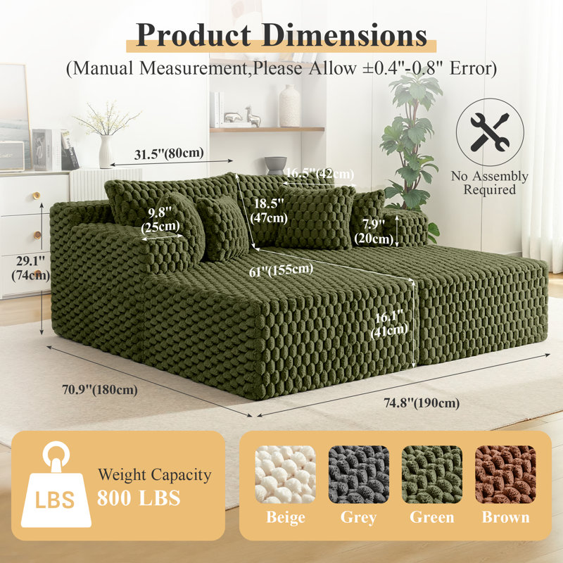 Ensemble de canapé-lit rembourré en fausse fourrure, Vert olive