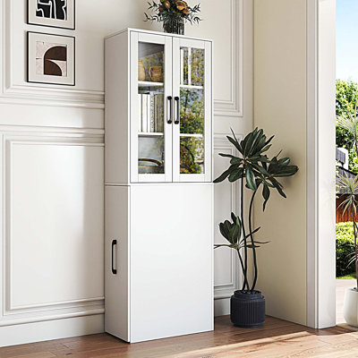 70.87" H Display Storage Cabinet , 4 Tier multi-functional pull-out multi-tier storage shelf & 2 Glass Doors, Modern Wooden Tall Bookshelf Bookcase