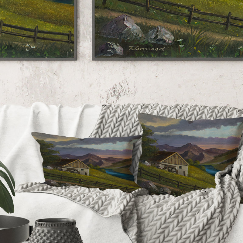 Paysage de montagne avec un vieux moulin à une rivière - coussin décoratif imprimé Lake House, 16 po x 16 po