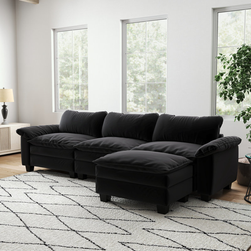 Velvet Upholstered Sectional Sofa with Ottoman, Black