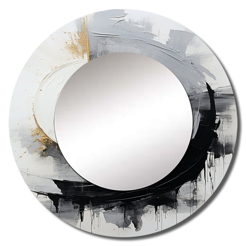 Sahand Zen Spiral II noir et blanc - abstrait spirales murales, miroir rond gris, impression d'art en métal, 36 po x 36 po
