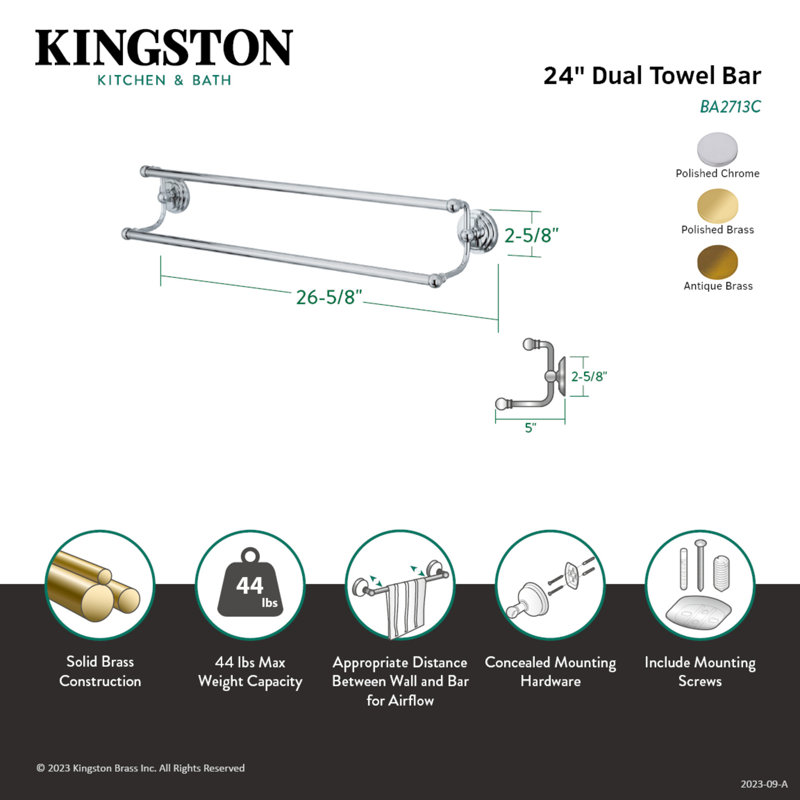 Kingston Brass Milano 24-Inch Dual Towel Bar, Polished Chrome, 4.75'' H x 20.63'' L x 5'' D