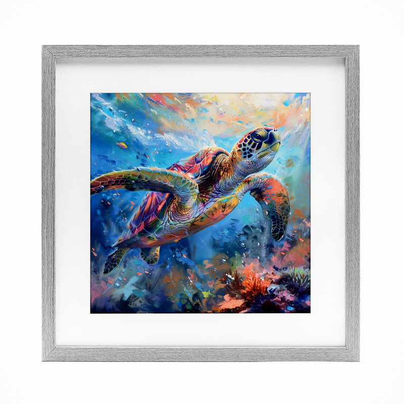 «Rainbow Sea Turtle & Bubbles», reproduction sous verre encadrée, design par LSR Design Studio, Cadre de ferme gris