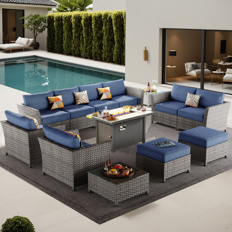 Cassville 8 - Person No Assembly Required Outdoor Conversation Set, Patio Wicker Sectional Seating Group with Cushions, All Weather Sofa Set with Optional Fire Pit Table for Garden Backyard