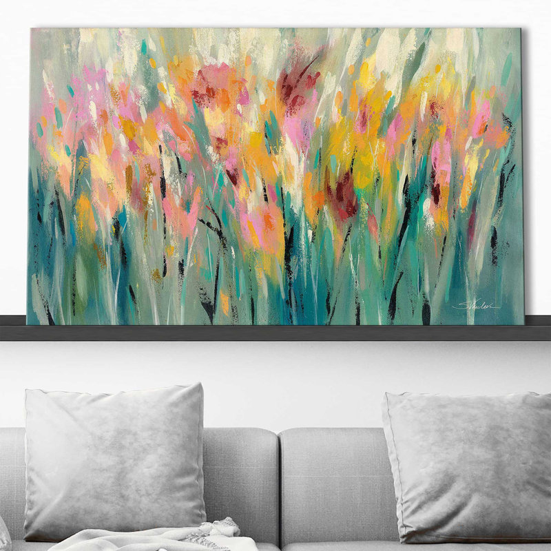 «Summer Garden Joy» par Silvia Vassileva - Peinture, Toile tendue, H 28 po x l 48 po x P 1,5 po