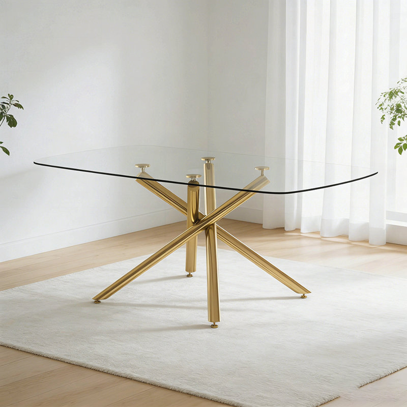 Grande table de salle à manger rectangulaire moderne en verre minimaliste avec plateau en verre trempé et pieds en métal doré pour une utilisation polyvalente