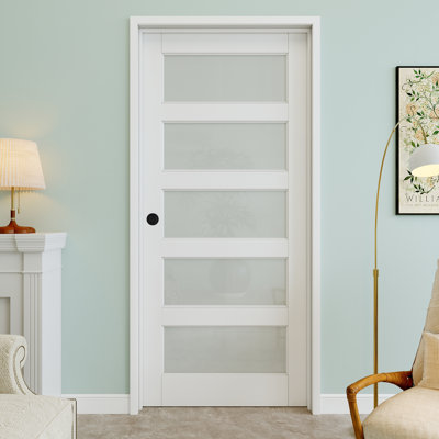 32" x 96" 5-Lite Frosted Glass Interior Prehung Door with Round Knob and Black Hinges, Privacy Glass Door Slab, Paintable & Waterproof, Suit for Laundry, Closet Doors, Room Doors, Right Hand