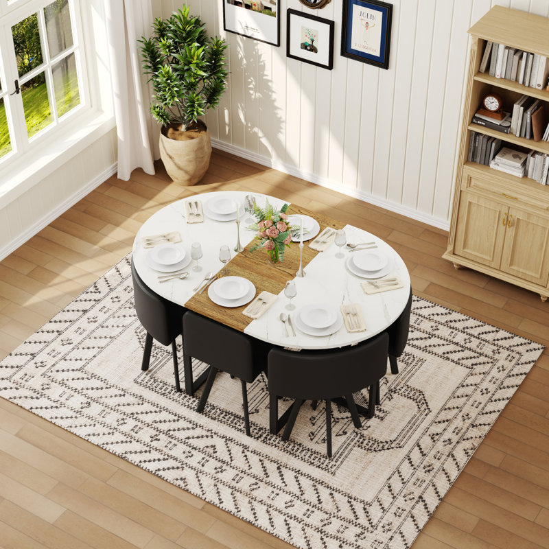 Ensemble de table de salle à manger 7 pièces ovale, plateau fixe en triamine blanche et grain de bois avec 6 chaises en cuir synthétique, ensemble de table de cuisine moderne pour 6 personnes, idéal pour les petits espaces, appartement