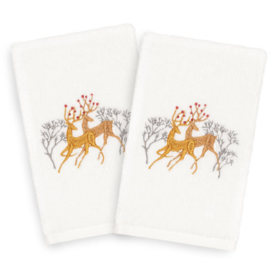 Christmas Deer Pair Embroidered Luxury Turkish Cotton Hand Towel