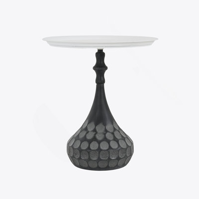 Accent Metal Coffee Table, Pedestal Table For Living Room, Hand-Hammered Texture, White+Black