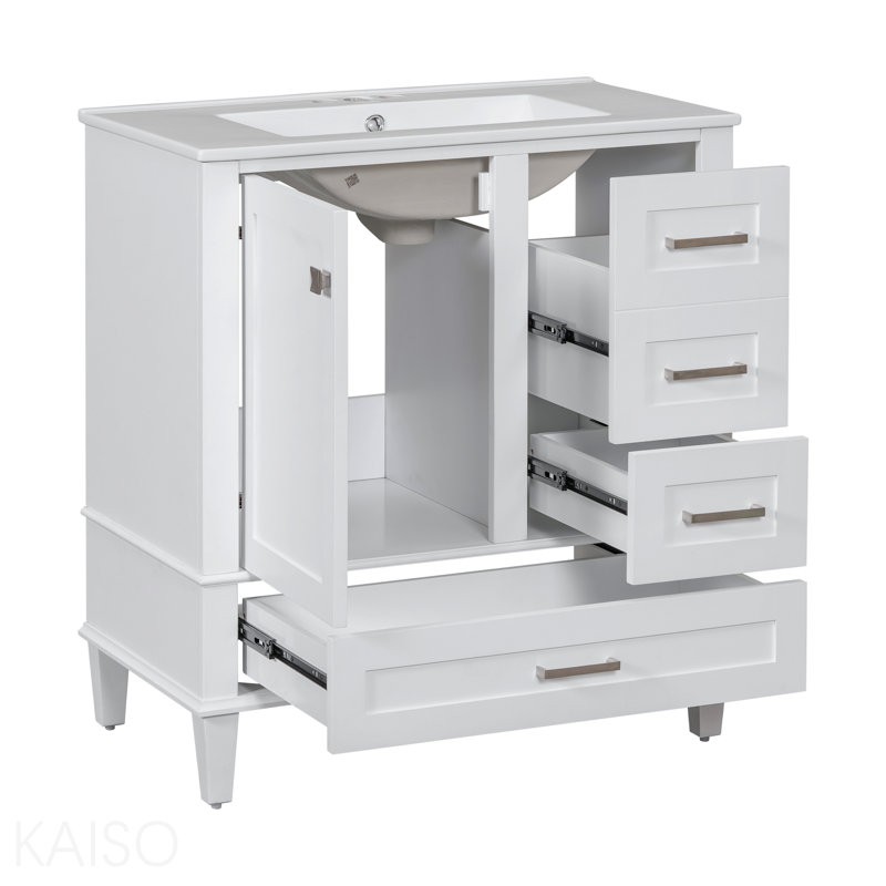 Ensemble de meuble-lavabo moderne avec ensemble lavabo 30 po, meuble-lavabo moderne avec porte à fermeture douce et 3 tiroirs, structure en bois massif (blanc)