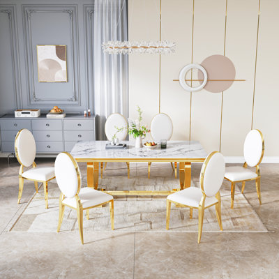  Modern Faux Marble Dining Room Set, With PU Upholstered Chairs