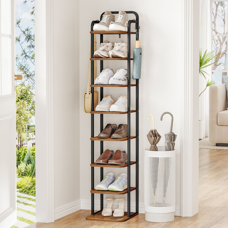 Vertical Shoe Rack, Shoe Shelves, Wood Shoe Organizer for Closet, Entryway, Shoe Tower for Small Spaces, Free Standing, Adjustable, with 2 Hooks
